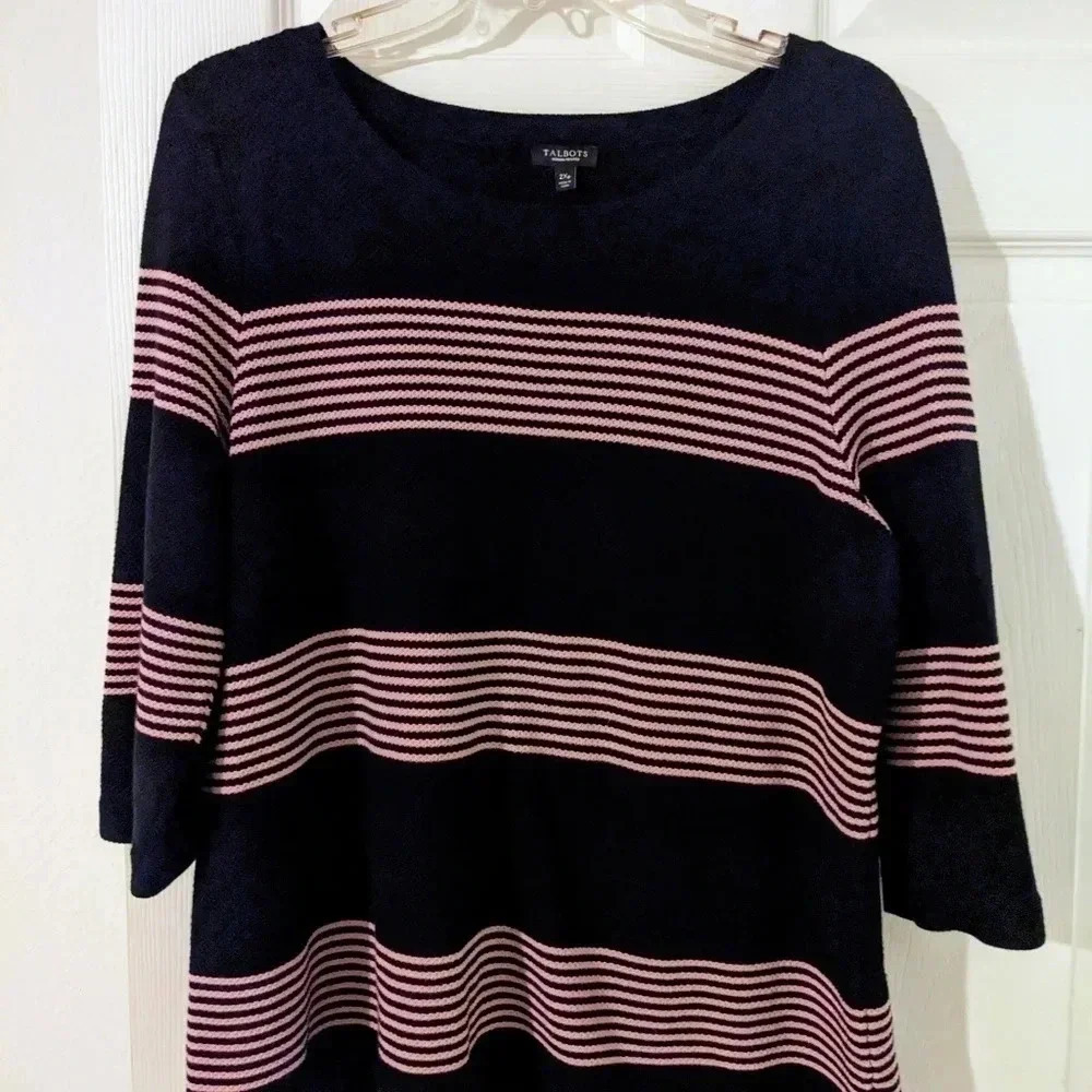 Talbots Pink Striped Navy Blue 3/4 Sleeve Knit Top‎ Tunic 2X Petite